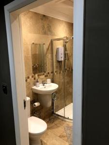 a bathroom with a toilet and a sink and a shower at Sitwell coastal apartment with free parking in Scarborough