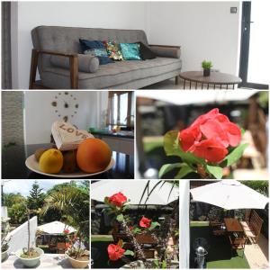 a collage of photos of a living room with a couch and flowers at AJ Studio Apartment in Moka