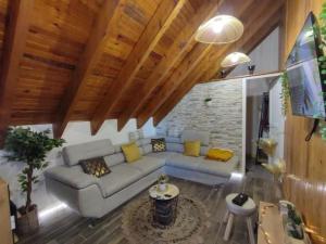 Superbe Loft cocooning في Ustou: غرفة معيشة مع أريكة وجدار حجري