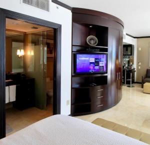 ein Wohnzimmer mit einem TV im Schlafzimmer in der Unterkunft SBV Luxury Ocean Hotel Suites in Miami Beach