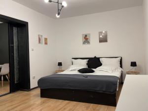 1 dormitorio con 1 cama grande con almohadas blancas y negras en Nordic Villa, en Brasov