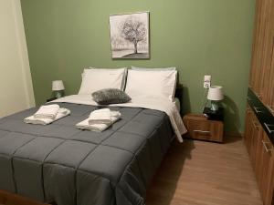 een slaapkamer met een groot bed met 2 kussens erop bij Felicia`s House in Agria