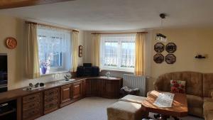 a living room with a couch and two windows at Ferienhaus Bringfriede in Muldenhammer