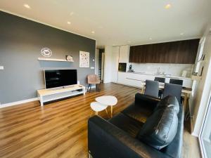 a living room with a black couch and a television at Dream View apartment in Akureyri