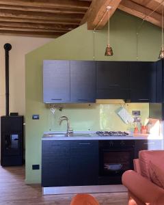 uma cozinha com um lavatório e um fogão forno superior em Il Casias em Balme