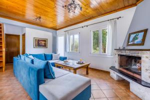 ein Wohnzimmer mit einer blauen Couch und einem Kamin in der Unterkunft Villa Rose in Glossa