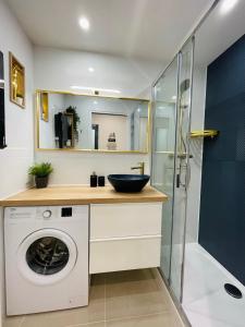 a bathroom with a sink and a washing machine at Grand studio en centre ville et à 50 mètres du port, climatisé in La Grande Motte