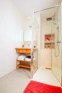 a bathroom with a shower and a red rug at -- La main à la pâte -- in Boulogne-sur-Mer