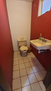 La salle de bains est pourvue de toilettes et d'un lavabo. dans l'établissement Hostal Don Diego, à Mexico