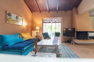 un soggiorno con divano blu e TV di The Country ArtHS Retreat ad Atene