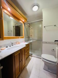 bagno con lavandino, doccia e servizi igienici di MRG- Colonial 2D - 200 mts da Rua Torta a Gramado