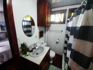 a bathroom with a sink and a toilet and a mirror at Beachfront with mountain view in Puerto Jiménez