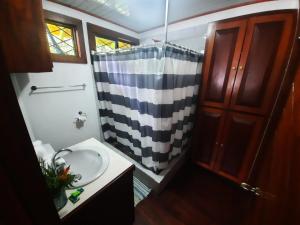 a bathroom with a sink and a shower curtain at Beachfront with mountain view in Puerto Jiménez