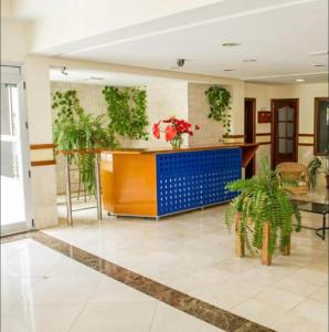 eine Lobby mit einer Theke mit Pflanzen an der Wand in der Unterkunft Precioso apartamento en residencial con piscina cerca de la playa in Gáldar