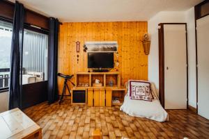 a living room with a television on a wooden wall at Nice Studio with balcony ski-in ski-out chairlift 5 mins walk in Saint-Gervais-les-Bains