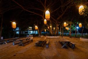 Hotel Cocoliso Island Resort في إيسلا غراندي: مجموعة من طاولات النزهة في الحديقة في الليل