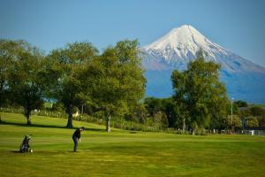 a man and a dog on a golf course with a mountain in the background at The Old Eltham Post Office-Luxury B&B Sth Taranaki NZ in Eltham