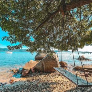 a swing hanging from a tree on a beach at Casa pé na areia para até 14 pessoas em bombinhas in Bombinhas