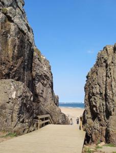 um calçadão de madeira que leva a uma praia próxima a um penhasco em Pucara del Este em Punta del Este