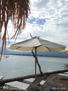 a white umbrella sitting on a beach next to the water at Star Bar and Bungalows in Gili Islands