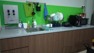 eine Küchentheke mit Spüle und eine grüne Wand in der Unterkunft Haising Hotel in Singapur