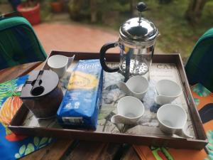 eine Teekanne und Tassen auf einem Tablett auf einem Tisch in der Unterkunft Bosque de Niebla Birding & Nature in Cali