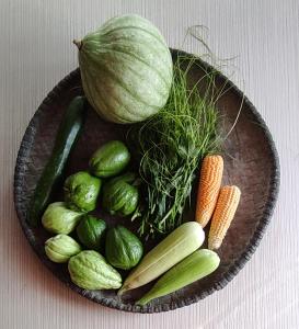 a bowl of vegetables on a table with carrots and cucumbers at 3 Sisters' Homestay in Ravangla