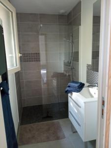 un baño con ducha y lavabo en Chambre au calme entourée par la nature., en Saint-Léon-sur-Vézère
