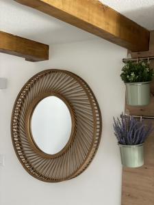 a round mirror on a wall with two potted plants at Residence Provence New in Vrdnik