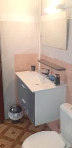 La salle de bains est pourvue d'un lavabo et de toilettes. dans l'établissement Appartement de 2 chambres avec terrasse amenagee et wifi a Le Robert, à Le Robert