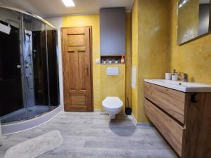 a bathroom with a toilet and a sink and a shower at Apartmán č2 - 450 m od centra Bojníc in Bojnice