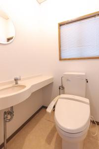 Un baño con inodoro, lavabo y espejo. en Suite Villa Izu Akazawa, en Ito