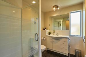 a bathroom with a shower and a sink and a toilet at Waves on the Esplanade in Kaikoura