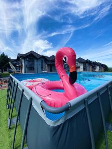un cisne rosa inflable en una piscina en Hotel Załęcze en Pątnów