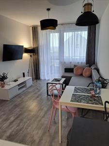 a living room with a couch and a table at Apartament Pudrowy in Koszalin