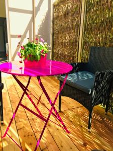 een roze tafel met een potplant op een patio bij Ferienwohnung Schönwälder in Buxtehude