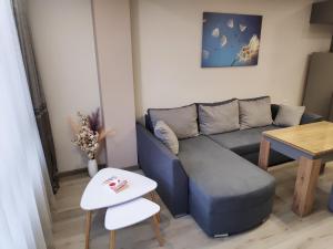 Апартамент Relax في سموليان: غرفة معيشة مع أريكة زرقاء وطاولة