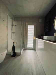 La salle de bains est pourvue d'une douche, de toilettes et d'un lavabo. dans l'établissement Voralpen Lodge - Ferienhaus mit Gym, Sauna & Hot Tub, à Traisen