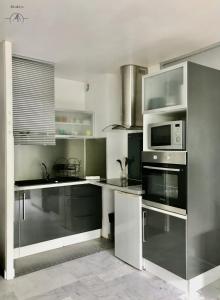 cocina con electrodomésticos de acero inoxidable y microondas en LE BROOKLYN - Studio Centre Ville avec climatisation et connexion Wifi, en La Grande-Motte