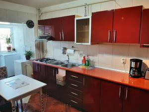 a kitchen with red cabinets and a sink at Ultracentral,Parcul Catedralei,apartament 2 camere in Bacău