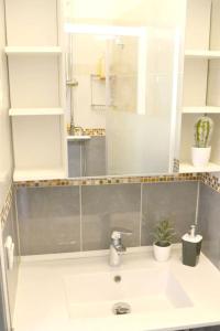 y baño con lavabo y espejo. en Apprt Top Center / 2 Chambres / 2 Salles de bain., en Montpellier