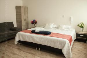a bedroom with a large bed and a chair at ApartaSuites Bogota Toscana in Bogotá