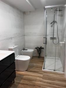 a bathroom with a toilet and a glass shower at Modern Apartment by the Airport IFEMA - 1 Bedroom in Madrid