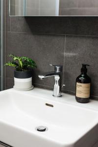 a bathroom sink with a bottle of soap and a mirror at Lamira - Serviced Apartments in Zürich