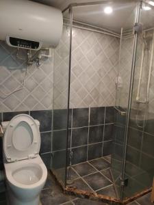a small bathroom with a toilet and a shower at Chaoyang Joy City Hardcover Apartment in Beijing