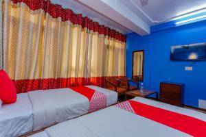 加德滿都的住宿－OYO 795 Hotel Holiday Inn，蓝色墙壁客房的两张床
