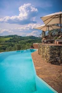 a large swimming pool with a balcony overlooking a beach at Capannelle Wine Resort in Gaiole in Chianti