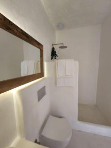 a white bathroom with a toilet and a mirror at Balkonaki in Ayvalık +22 photos