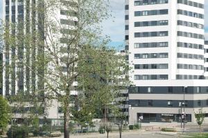 een boom voor een hoog gebouw bij Micampus San Mamés Students Residence in Bilbao