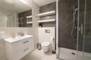a bathroom with a toilet sink and a shower at Sołtysowska Apartment in Krakow